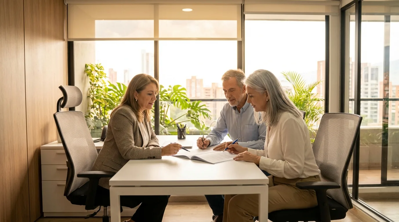 Consultor inmobiliario en reunión con clientes